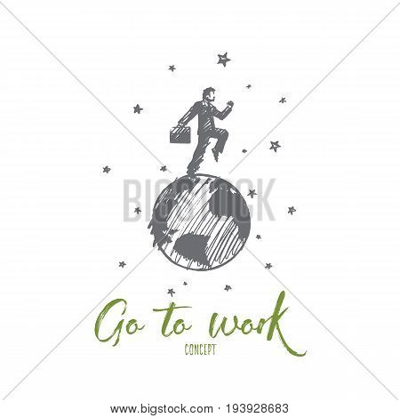 Go to work concept. Hand drawn handsome man going to work. Businessman with a briefcase isolated vector illustration.