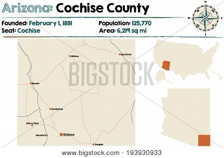 Large and detailed map of Cochise county in Arizona