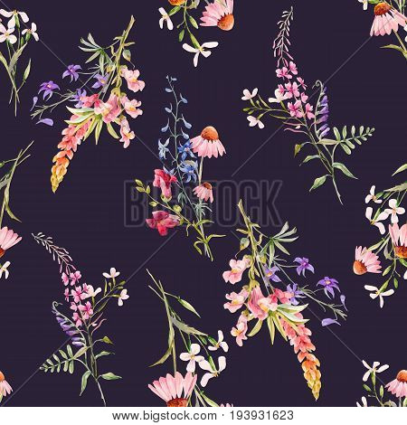 Beautiful seamless vector pattern with hand drawn watercolor summer flowers