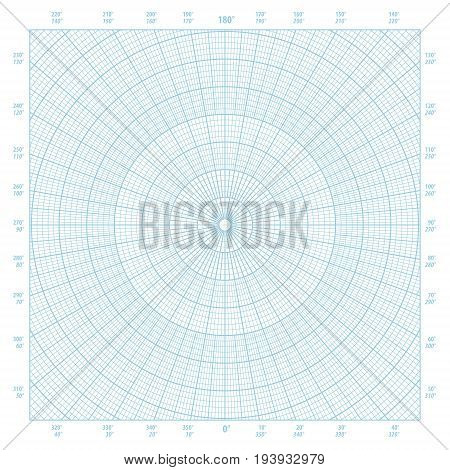 Blue vector polar coordinate circular grid graph paper background graduated every 1 degree