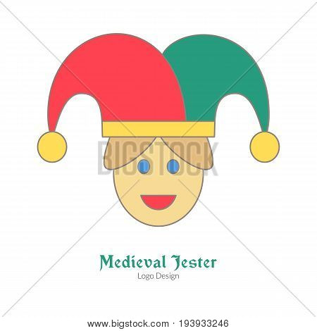 Medieval jester buffoon juggler. Single logo flat and thin line style isolated on white background. Colorful medieval theme symbol. Simple medieval pictogram logotype template. Vector illustration