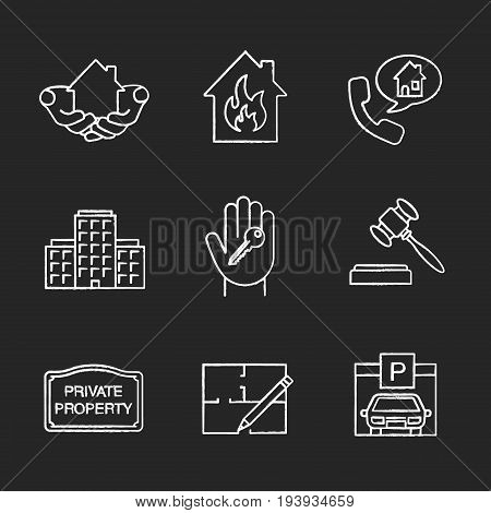 Real estate market chalk icons set. House in hands, multi-storey building, floor plan, parking place, hand with key, private property sign, gavel. Isolated vector chalkboard illustrations