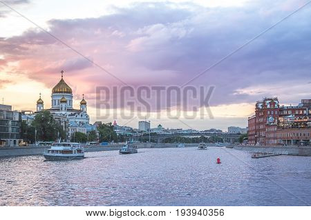 Moscow view from the river with cathidral and boats