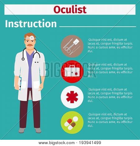 Medical equipment instruction manuals with icons for oculist. Vector illustration