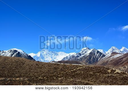 Beautiful view of the Cho-Oyu Mount on the way to Gokyo Lakes Himalayas Nepal