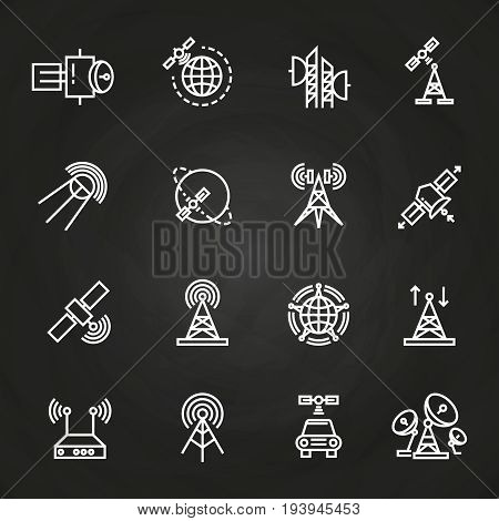 Satellite and orbit communication thin line icons on blackboard. Vector illustration