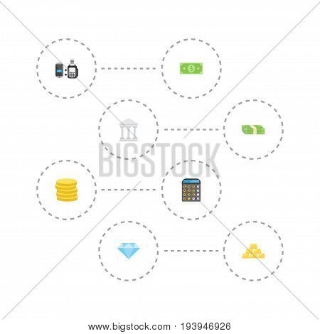 Flat Icons Jewel Gem, Bank, Small Change And Other Vector Elements. Set Of Finance Flat Icons Symbols Also Includes Online, Small, Bank Objects.