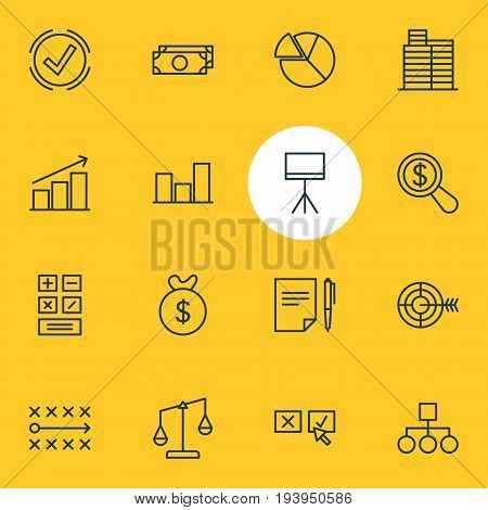 Vector Illustration Of 16 Trade Icons. Editable Pack Of Goal, Calculate, Recision And Other Elements.