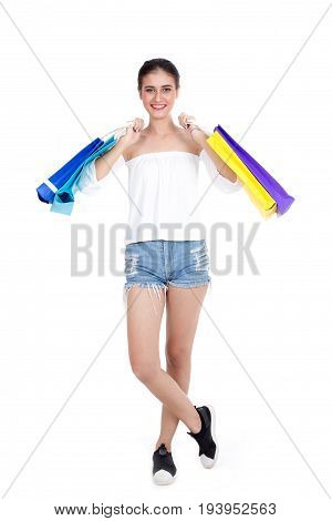 Protrait Beautiful Women Shopping With White Background, Shopping Protrait Concept, 20S Year Old.