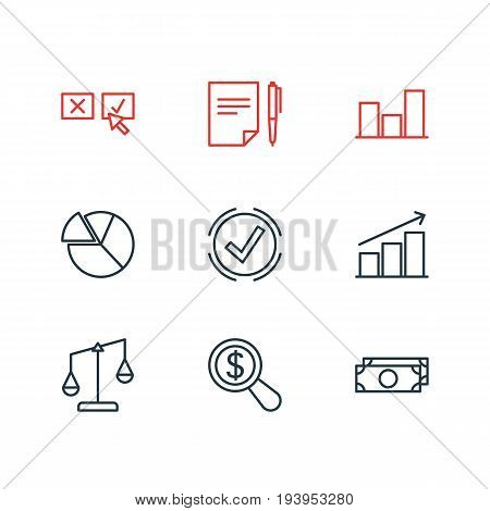 Vector Illustration Of 9 Trade Icons. Editable Pack Of Recision, Cash, Columns And Other Elements.
