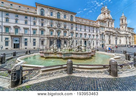 ROME ITALY - JUNE 1 2017: Piazza Navona Moor's fountain and Agonia Church with Santa Ines.