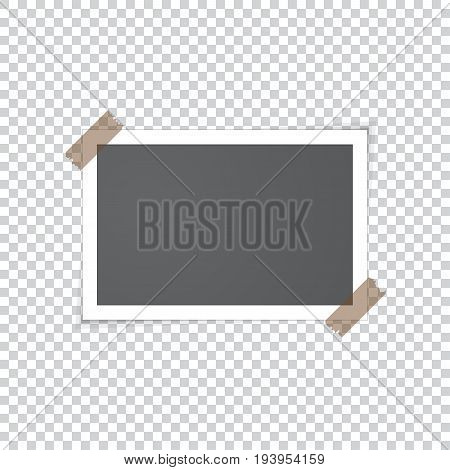 Old vintage photo frame sticked with adhesive scotch tape. Realistic vector illustration with shadows and gradient. Black empty photo with white border on transparent background.