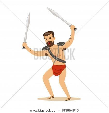 Warrior character, naked man in a red loincloth with two swords vector Illustration isolated on a white background