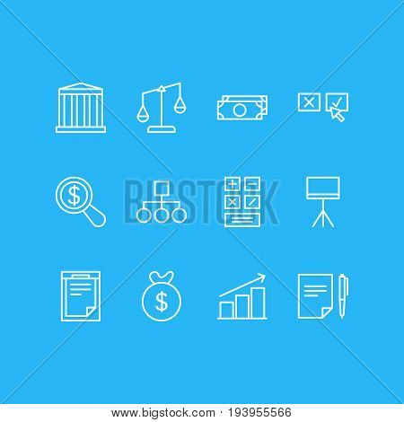 Vector Illustration Of 12 Trade Icons. Editable Pack Of Calculate , Recision , Board Stand Elements.