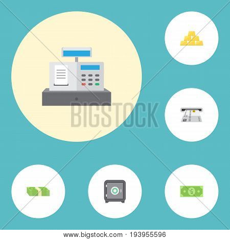 Flat Icons Ingot, Till, Teller Machine And Other Vector Elements. Set Of Finance Flat Icons Symbols Also Includes Bars, Money, Till Objects.
