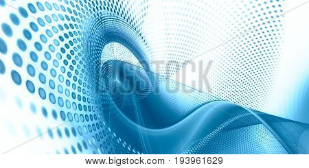 Abstract background element. Fractal graphics series. Three-dimensional composition of glowing lines and mosaic halftone effects. Wide format high resolution image. Blue and white colors.