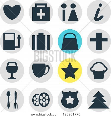 Vector Illustration Of 16 Map Icons. Editable Pack Of Coffee Shop, Jungle, Heart And Other Elements.