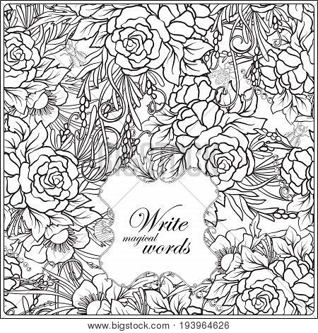Floral pattern with butterflies and bees in realistic botanical style with place for text. Stock vector illustration. Outline hand drawing coloring page for adult coloring book.