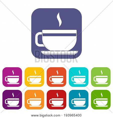 Tea cup and saucer icons set vector illustration in flat style In colors red, blue, green and other