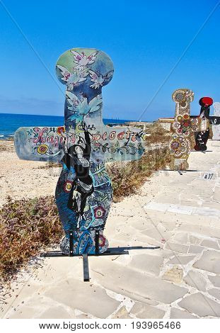 PAPHOS - JUNE 28, 2017: Waterside Artwork in Paphos made by students from high schools across the island.