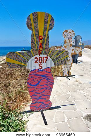 PAPHOS - JUNE 28, 2017: Waterside Artwork in Paphos made by students from high schools across the island.
