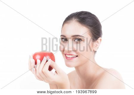Beautiful Woman Face Portrait Beauty With Apple Concept. Fashion Beauty Model Isolated On White 20s 