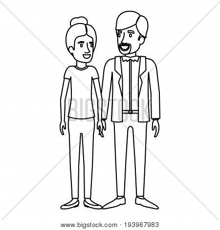 monochrome silhouette of man and woman standing and her with collected hair and him in casual clothes and beard van dyke vector illustration