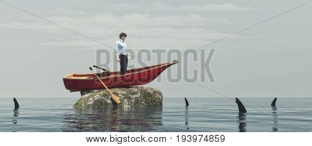 Young man in a boat on a rock surrounded by sharks. This is a 3d render illustration