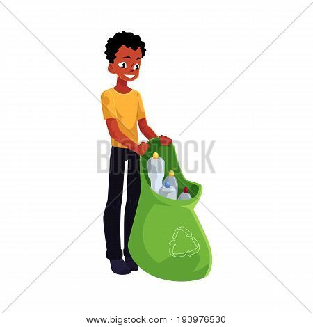 Black man holding bag of plastic bottles, garbage recycling, cartoon vector illustration isolated on white background. Black, African American man with bag of plastic bottles, garbage collection