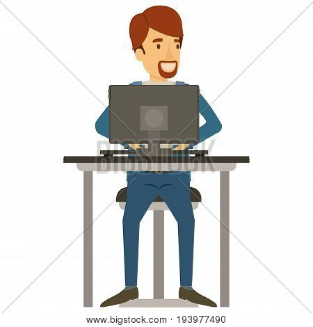 colorful silhouette of man with van dyke beard in casual clothes and brown hair and sitting in chair in desk with computer vector illustration