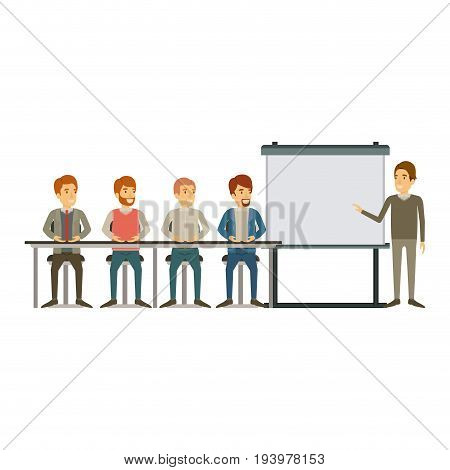 white background with men group sitting in a desk for executive male in presentacion business people vector illustration