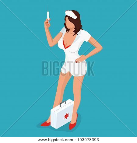 Sexy nurse. Isometric people. Beautiful young nurse in uniform holding syringe while standing isolated on blue background. Vector illustration