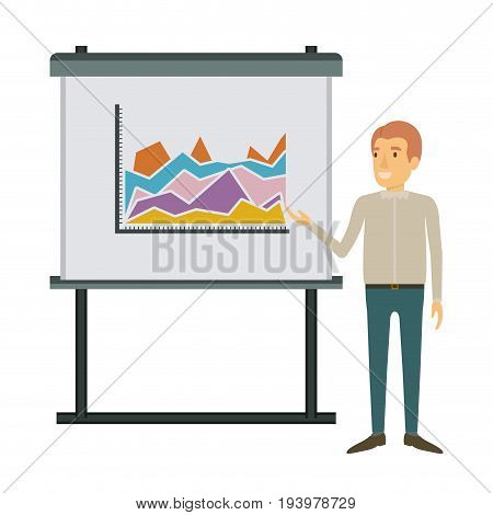 white background with businessman in casual clothes and reddish hair making presentation vector illustration