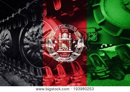 Military Tank Close-up Caterpillar Track With Afghanistan Flag Background.