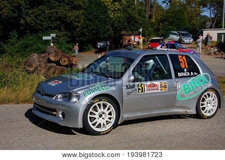 La Spezia Italia - July 2 2017 -Rally Gulf of Poets: The Peugeot 106 Maxi of the Bindi-Vecoli crew during the first special race speed test.