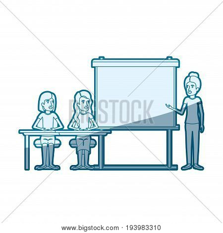 blue color silhouette shading with couple of women sitting in a desk for female executive in presentacion business people vector illustration