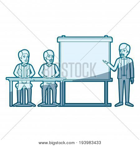 blue color silhouette shading with couple of man sitting in a desk for executive orator in presentacion business people vector illustration