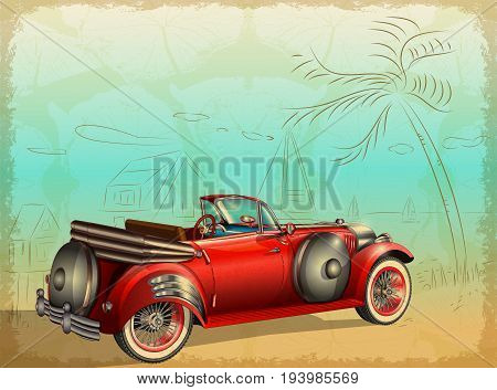 Retro car on summer background with palm trees and seascape