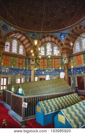 ISTANBUL TURKEY - MAY 2 2017: Tomb of the legendary turkish sultan Suleyman inside his turbe located near Suleymaniye mosque Istanbul.