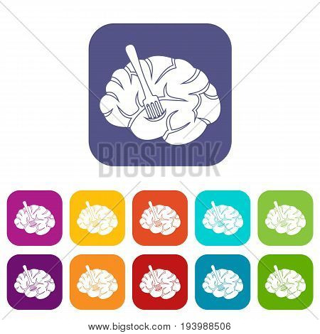 Fork is inserted into the brain icons set vector illustration in flat style In colors red, blue, green and other