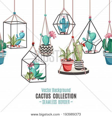 Cacti flower pattern. Seamless border with cactus and succulents. Hand drawn vector background in trendy cartoon style.