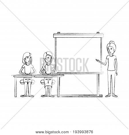 blurred silhouette couple of women sitting in a desk for female executive in presentacion business people vector illustration