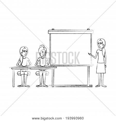blurred silhouette pair of women sitting in a desk for female executive orator in presentacion business people vector illustration