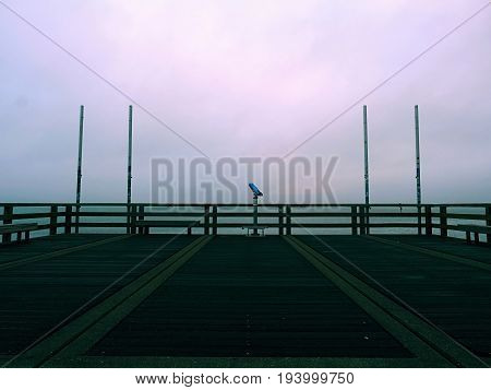 Long Touristic Mole Within Autumn Misty Morning. Wet And Slippery Wooden Floor,