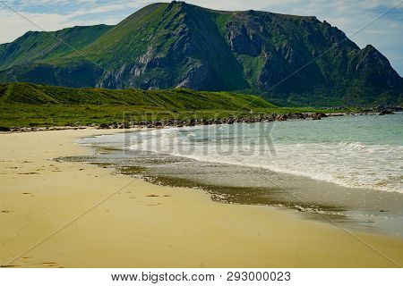 Seascape, Sea Coast With Sandy Beach In Resort Bleik. Andoya Norway. Vesteralen Archipelago.