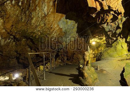 Impressive Formations Of The Stalactites And Stalagmites In Dirou Cave. Greek Destination .natural B