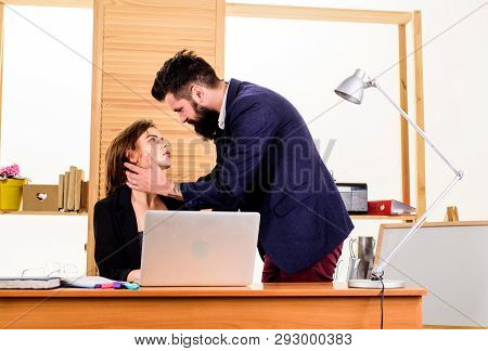 Close Intimite Workplace Relationship. Boss And Secretary Having Romantic Relationship. Loving Relat