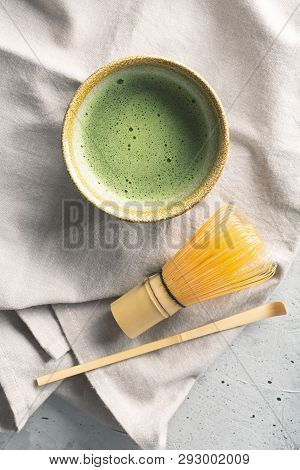 Top View Of Green Tea Matcha In A Bowl On Concrete Surface