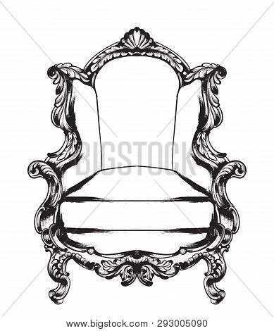 Baroque Armchair Vector. Royal Style Decotations. Victorian Ornaments Engraved. Imperial Furniture D