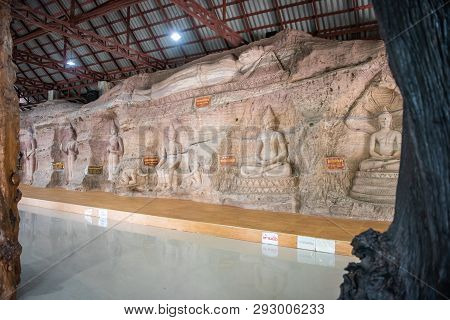 Sakon Nakhon, Thailand, January 19,2019: Golden Pagoda Sculpture, Buddha Statue And Stone Carving At